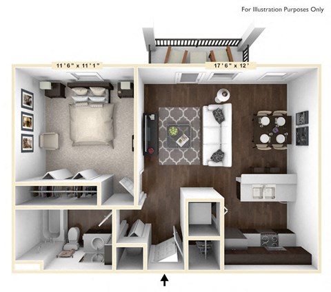 Floor plan for 1 bed, 1 bath, 608 sqft
